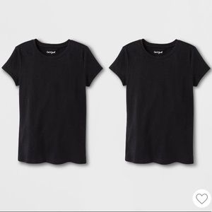 2 x Black Scoop Neck Short Sleeved Recycled Polyester Girls Tee Medium 7/8 NEW